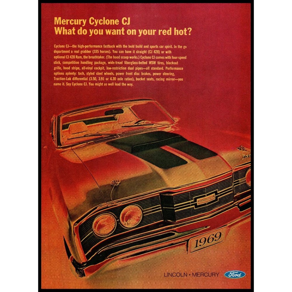 1969 Mercury Cyclone GT Coupe Vintage Print Ad Red Hot CJ 428 Engine Wall Art